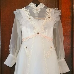Vintage 60s Wedding Dress Long Veil Train Ruffles Floral Lace Barbie Pink 1960